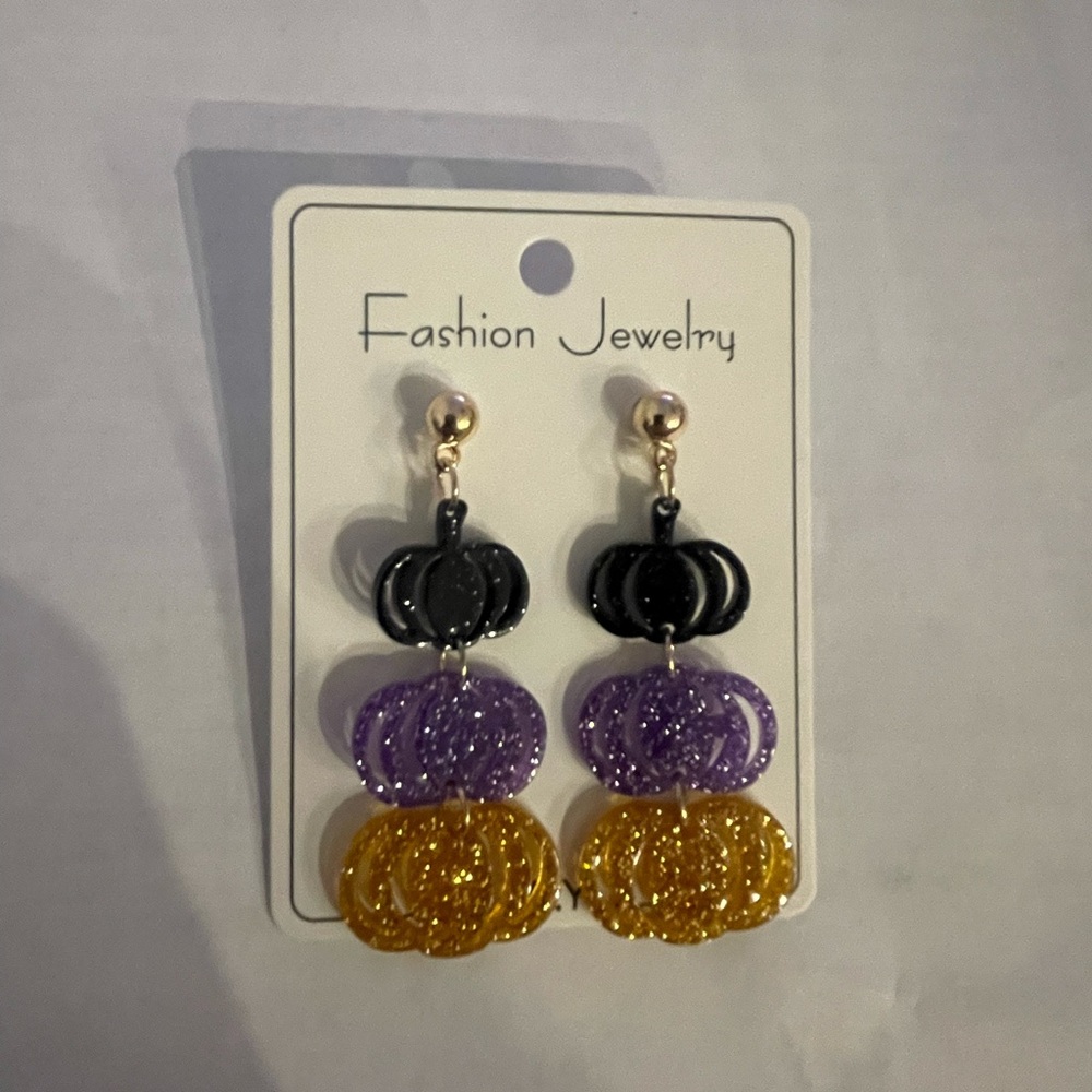 Black, Purple, and Gold Pumpkin Earrings